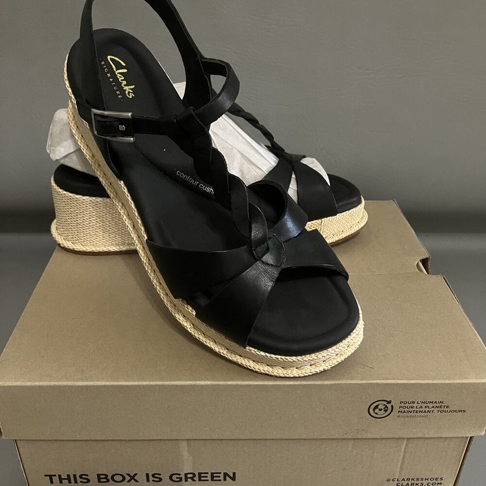 Clarks Womens KIMMEI TWIST Black Leather Platform Wedge Sandals Sz 10M NIB